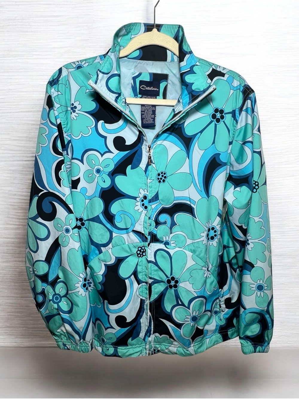 Vintage Catalina Turquoise Floral Lightweight Zip Jacket - Lg.